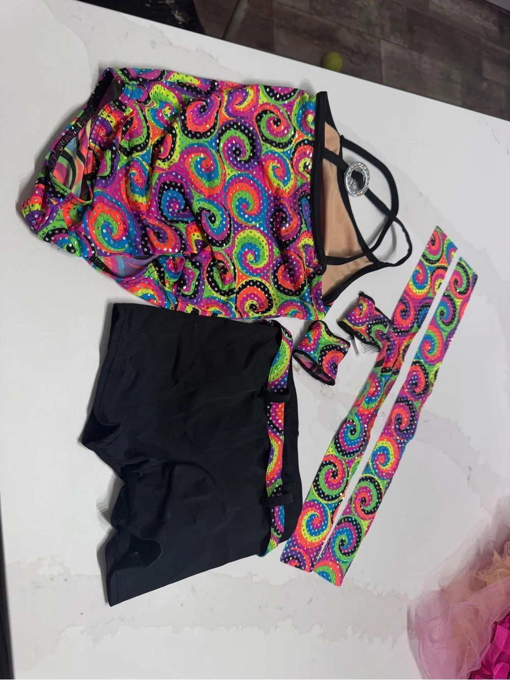 Weissman Neon Swirl Dance Top with Black Bottoms